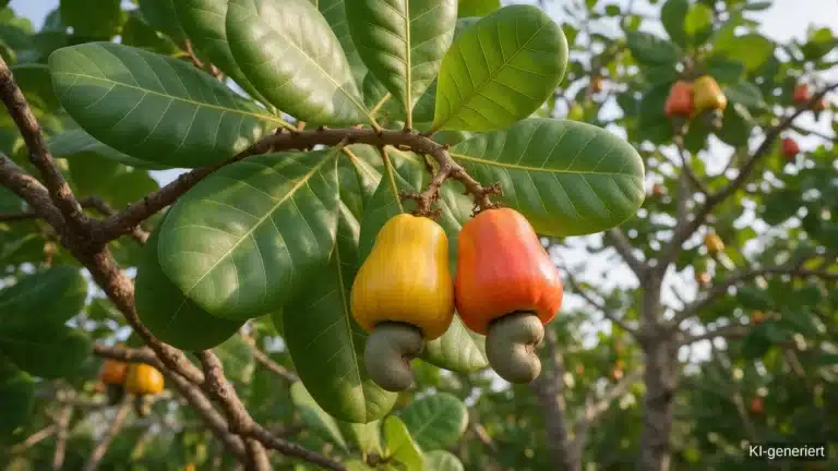 Cashewäpfel am Baum, unten an jedem Apfel hängt eine Cashewnuss in ihrer Schale