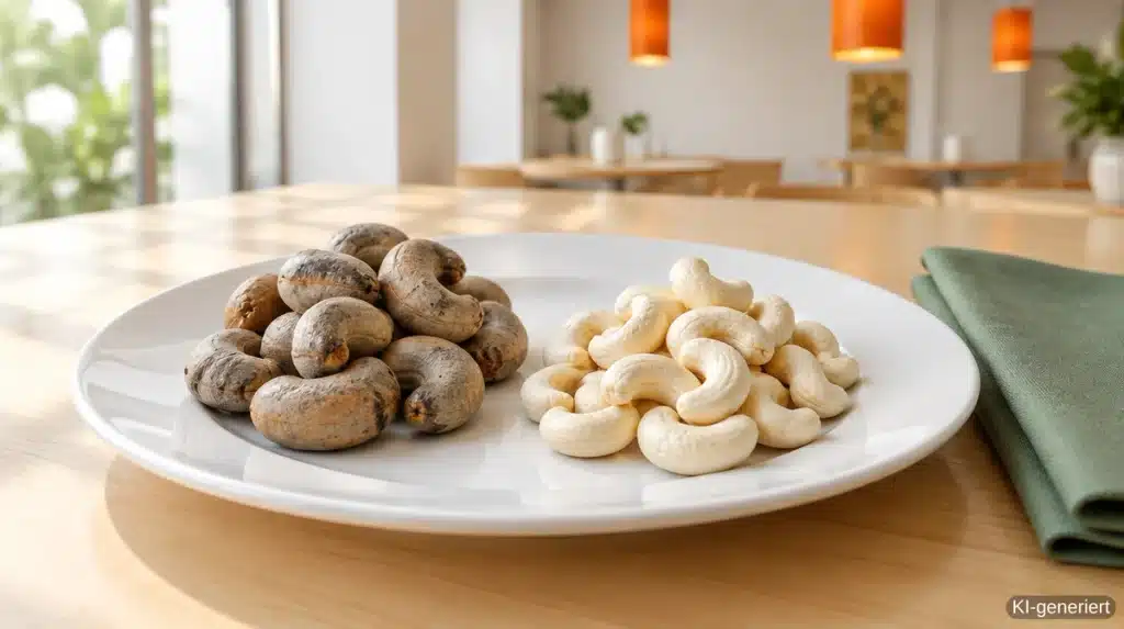 Cashewnüsse in der Schale und geschälte Cashewkerne auf einem weißen Teller