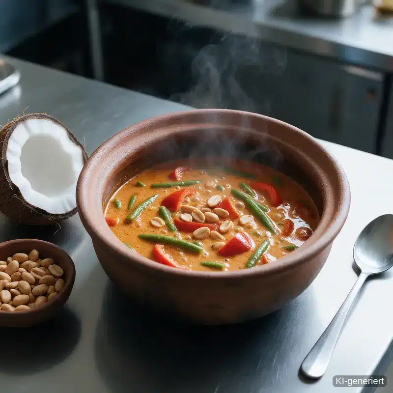 Thai-Speisekarte im Pi-Nong: Curry in Kokosmilch mit Paprika und Erdnüssen (KI-generiert)