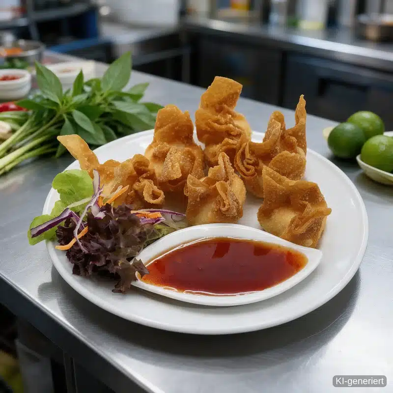 Thai-Speisekarte im Pi-Nong: frittierte Wan Tan mit süß-saurer Sauce (KI-generiert)