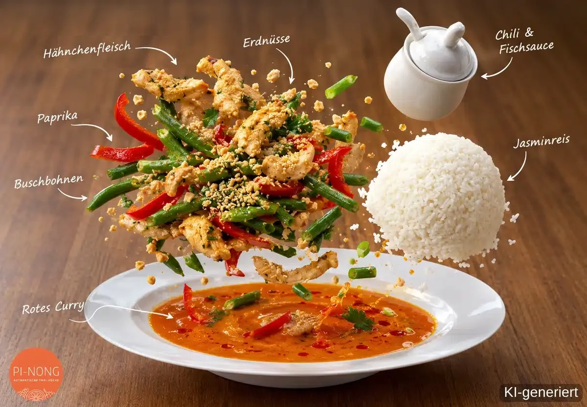 Pa Naeng Curry mit Reis, daneben die Zutaten einzeln beschriftet: Hähnchenfleisch, Erdnüsse, Paprika, Buschbohnen, rotes Curry, Chili und Fischsauce