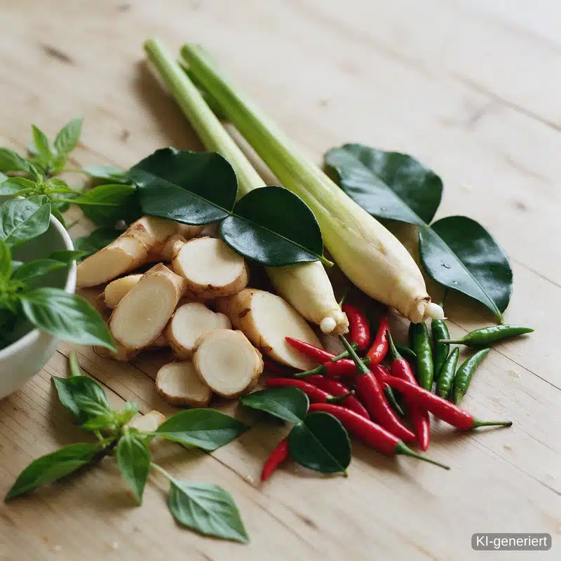Thai-Speisekarte im Pi-Nong: Zitronengras, Galgant, Kaffirblätter und Chili (KI-generiert)